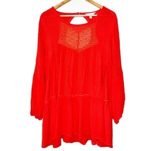 Adiva Women's Red Lace Detail Long Sleeve Keyhole Cutout Back Bohemian Tunic Top